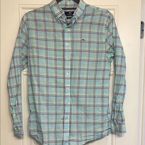 Like New - Boys Vineyard Vines Mint Green and Light Blue Plaid Button-Down Shirt